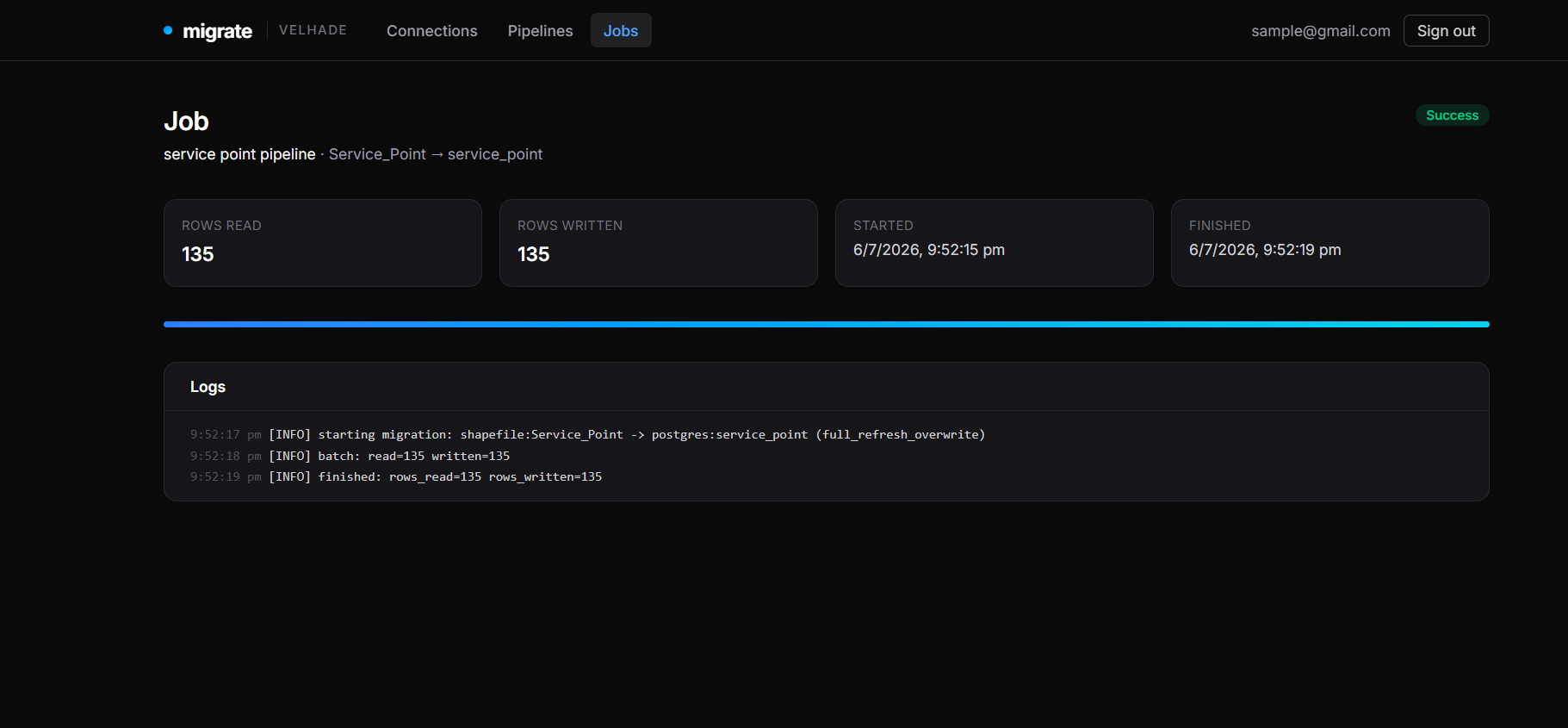 Migrate job run with live progress logs